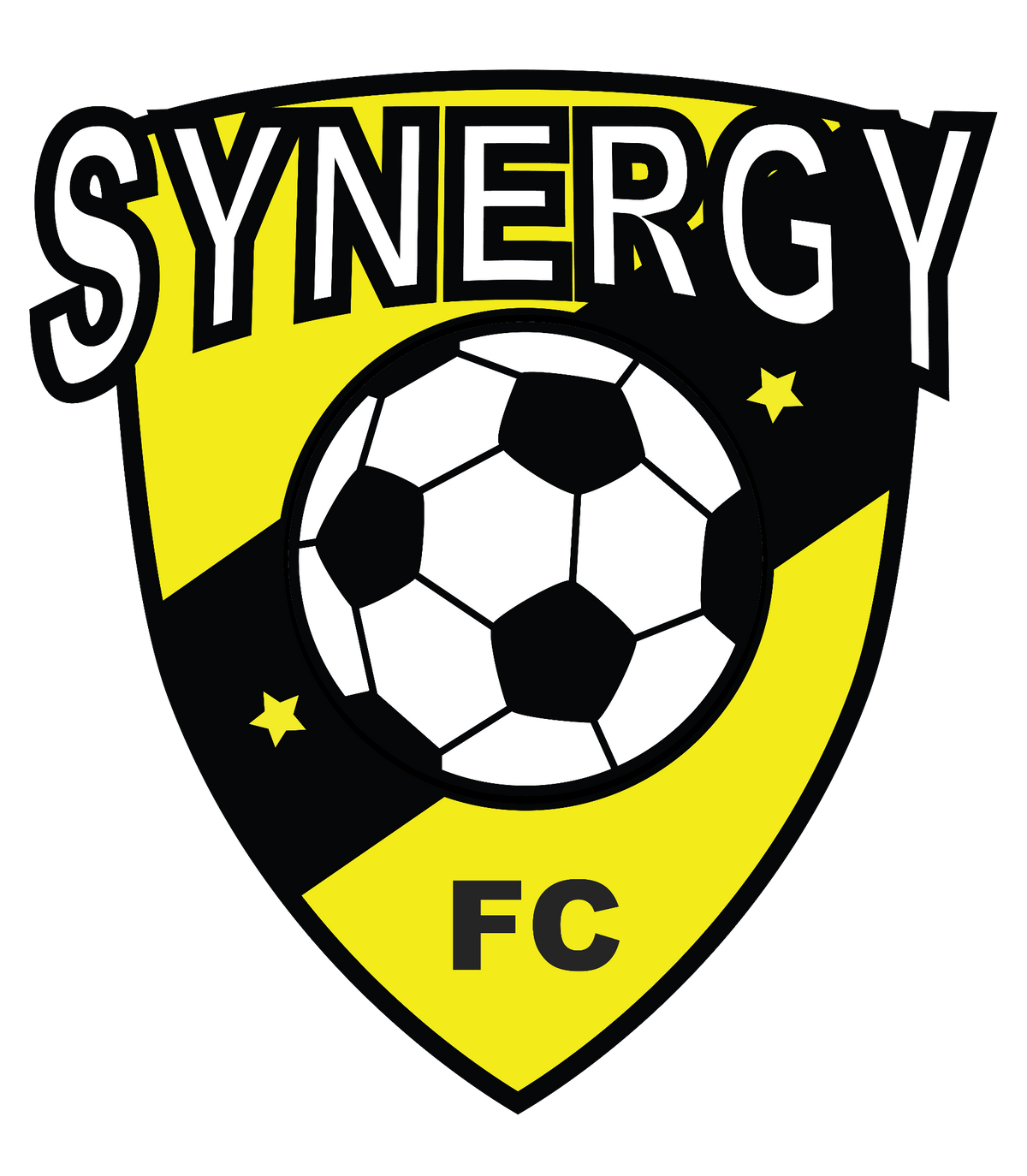 Synergy FC crest — black and yellow shield with soccer ball and twin stars