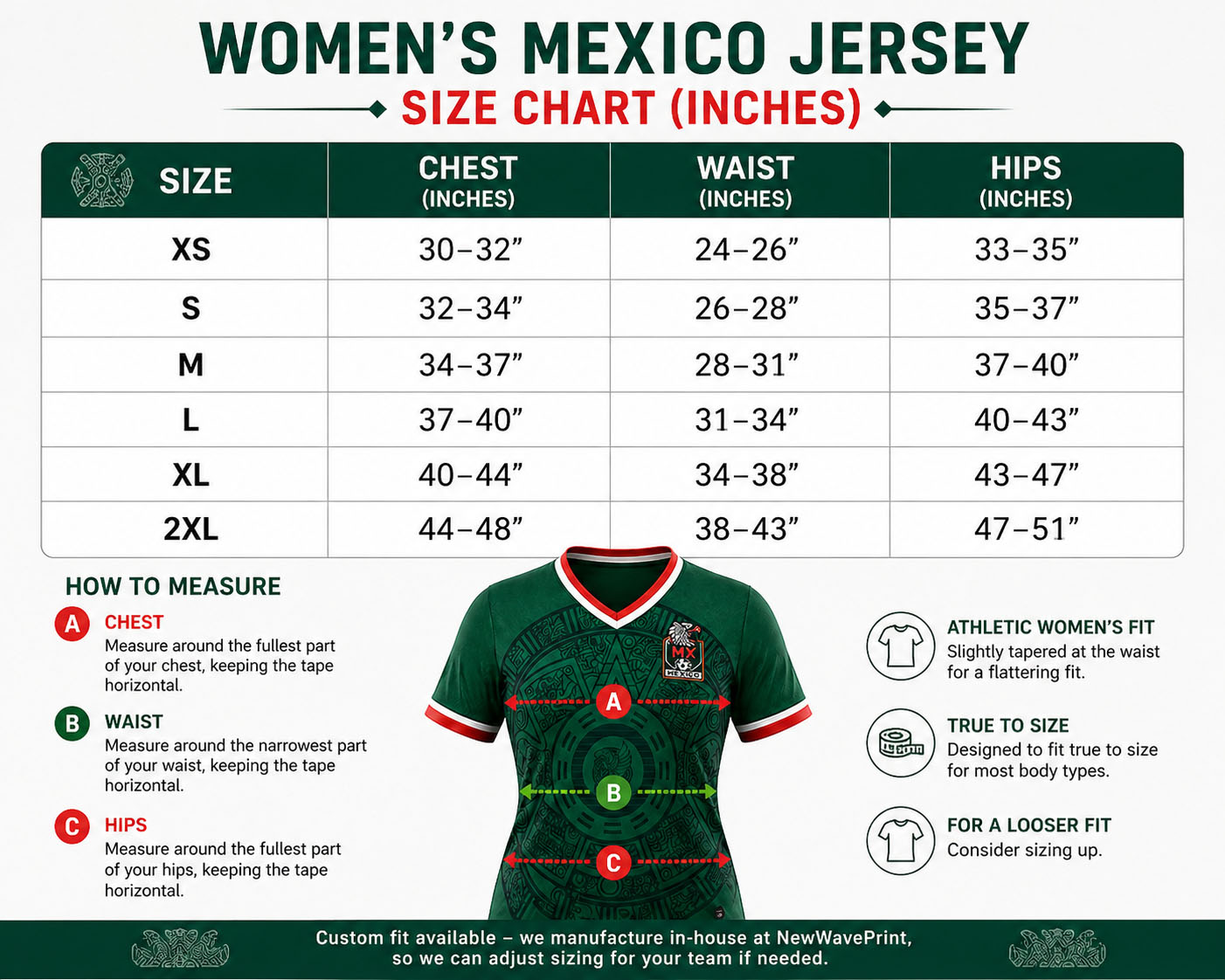 Women Mexico jersey size chart