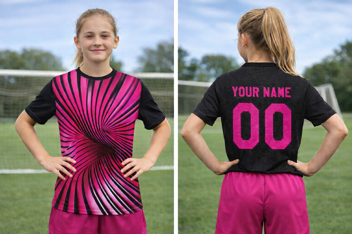 Pink black shortsleeve goalkeeper jersey with pink shorts