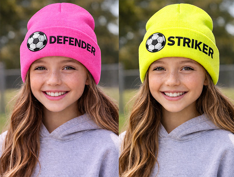two girls with neon pink and neon yellow soccer ball beanie