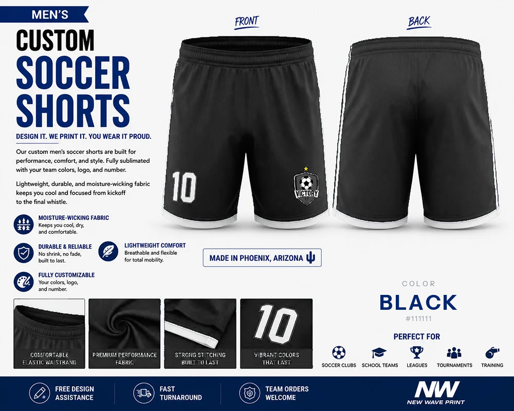 Black custom soccer shorts for boys and men with logo and number