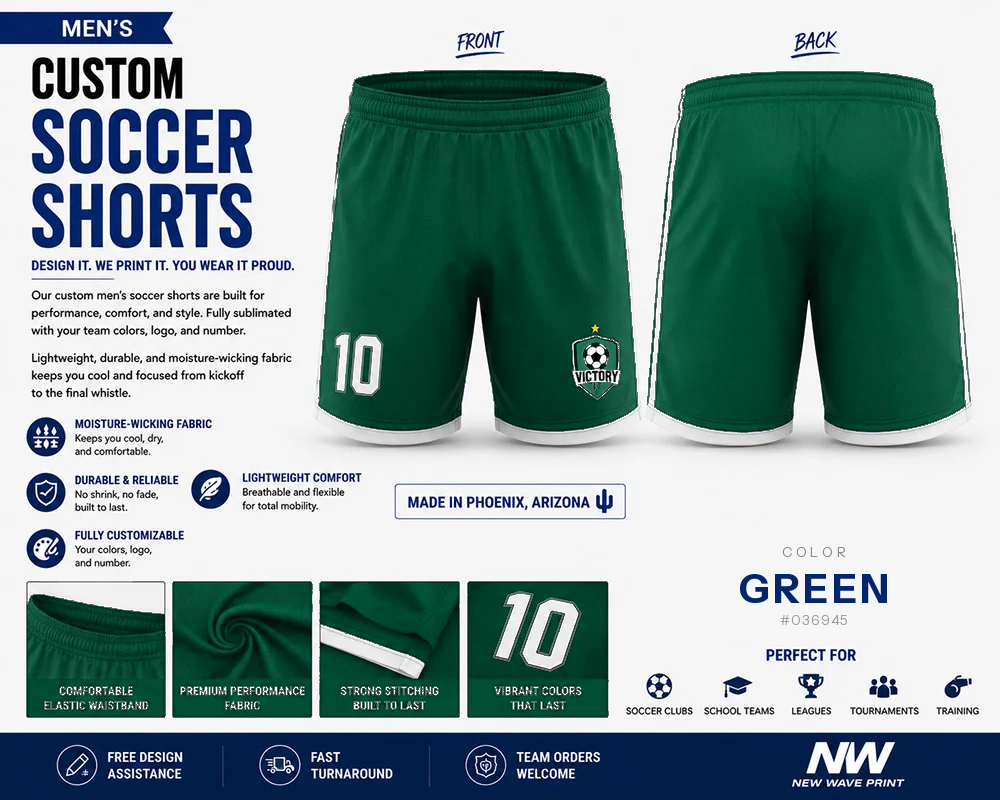 Green custom soccer shorts for boys and men with logo and number