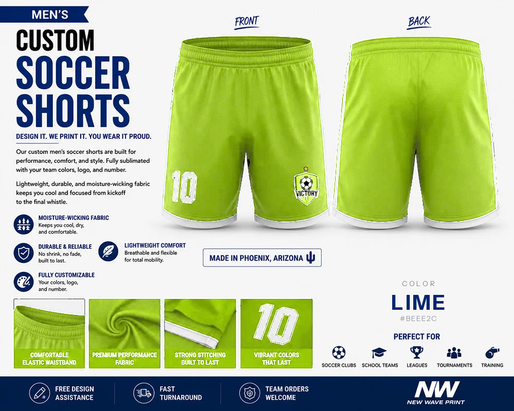 Lime custom soccer shorts for boys and men with logo and number