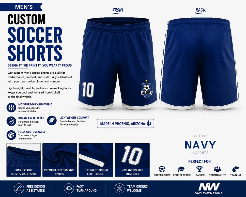 Navy custom soccer shorts for boys and men with logo and number