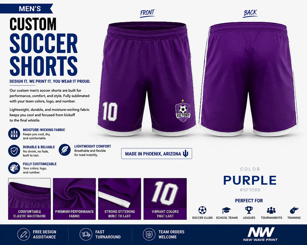 Purple custom soccer shorts for boys and men with logo and number