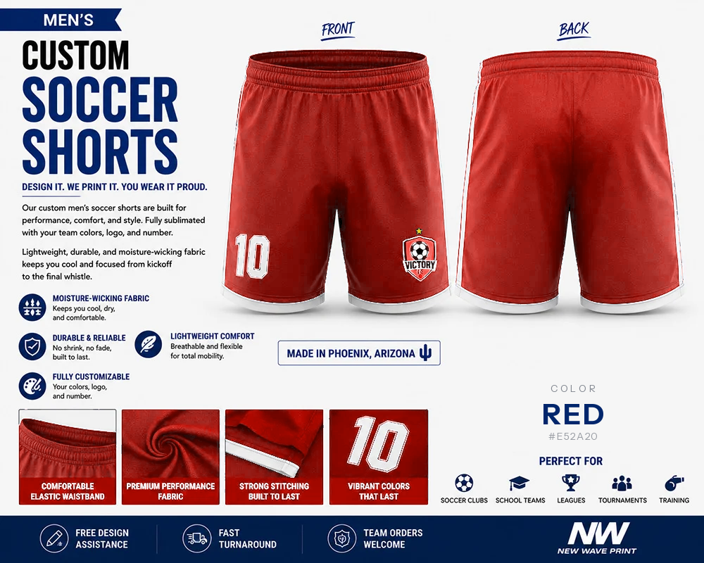 Red custom soccer shorts for boys and men with logo and number