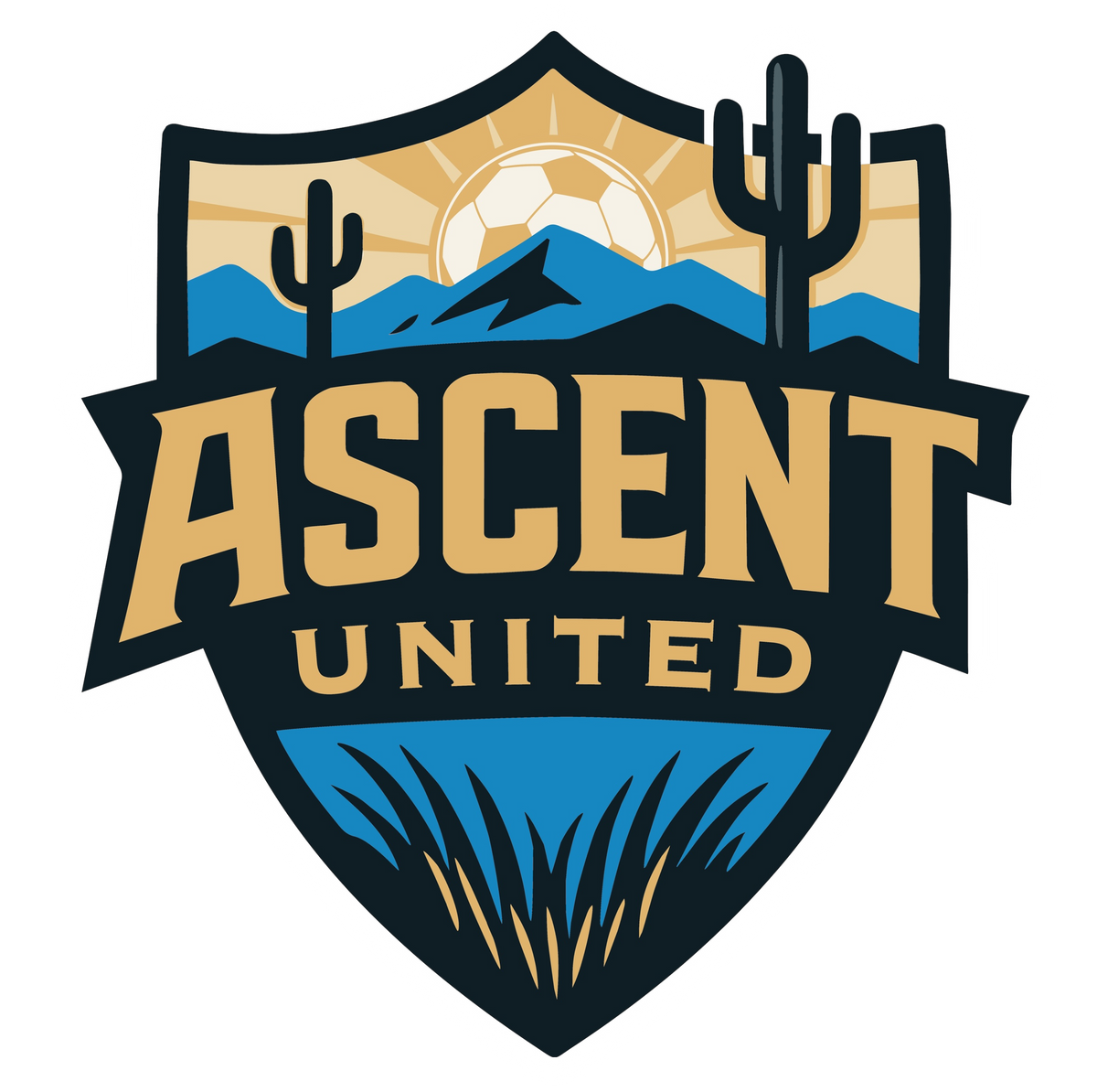 Ascent United Soccer Club crest — navy and gold saguaro shield