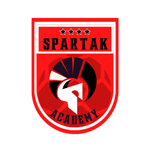 Spartak Academy crest — red shield with four stars and a Spartan helmet over a soccer ball