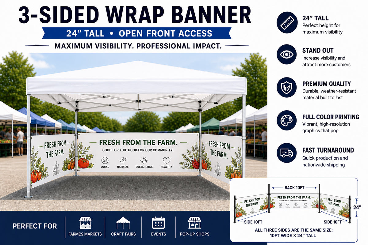 Custom 3-Sided Tent Banner for 10×10 Canopy – 24” Tall Vendor Booth Wrap