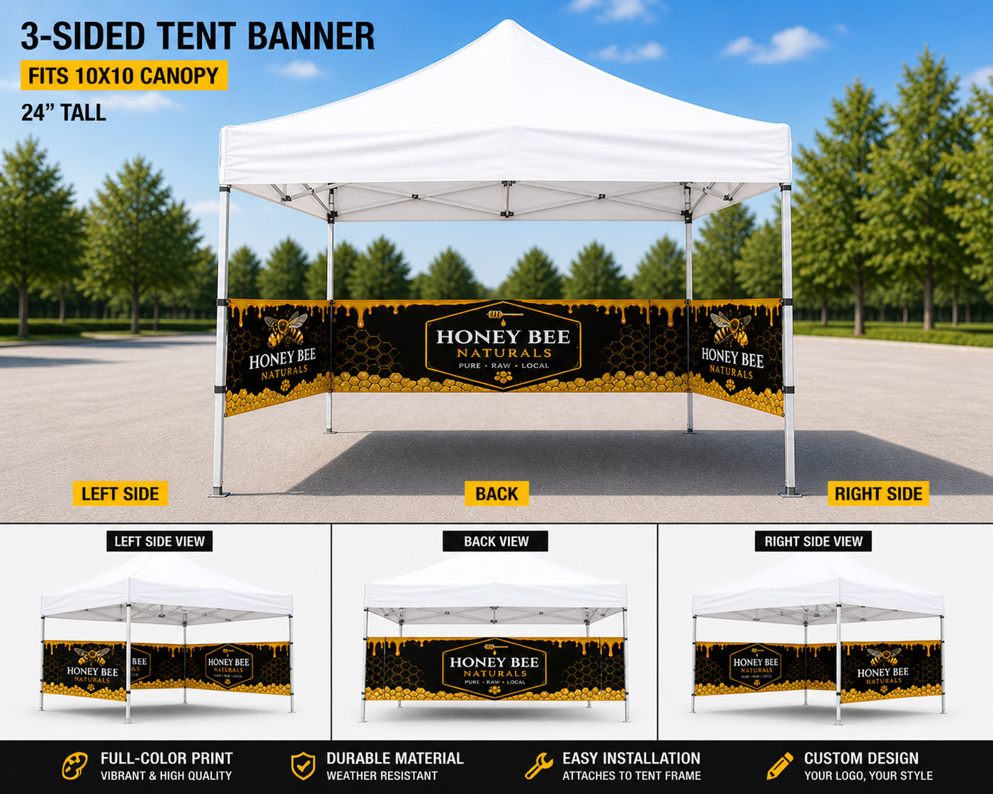 Custom 3-Sided Tent Banner for 10×10 Canopy – 24” Tall Vendor Booth Wrap