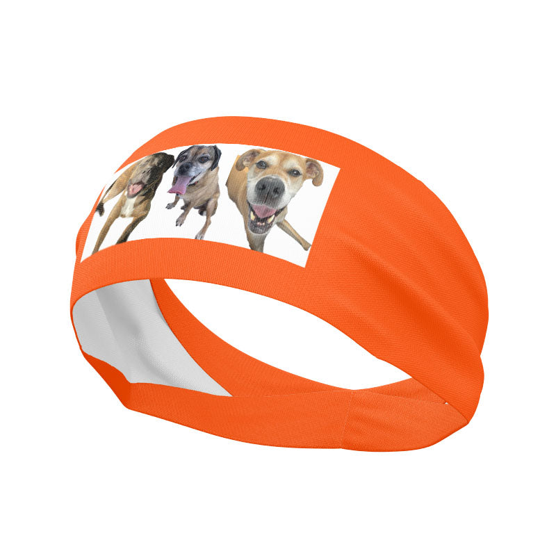 Orange headband with dogs photos.