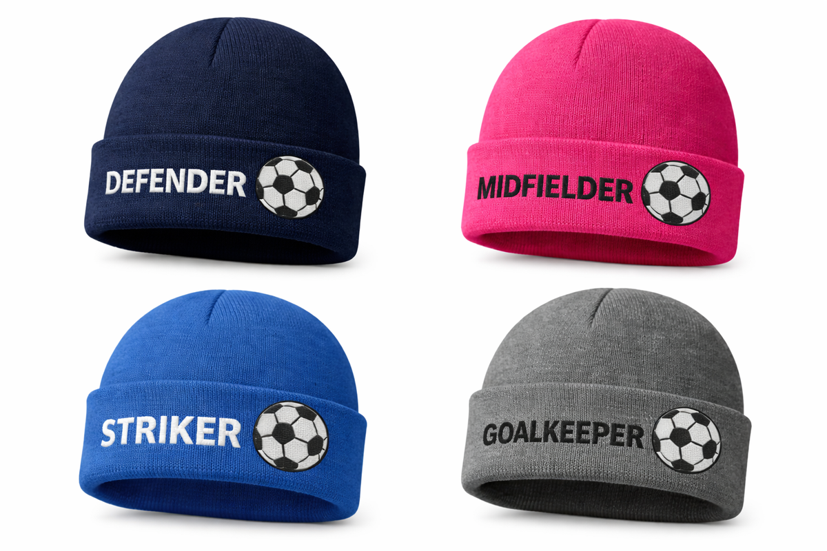4 beanies in 3 d with soccer ball and position