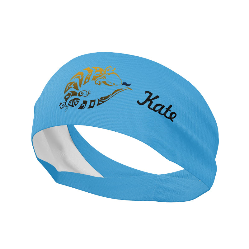 Blue headband with logo and a name