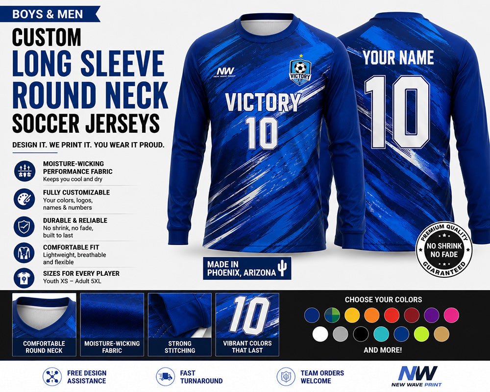 Custom boys' and men's long sleeve soccer jerseys, front and back