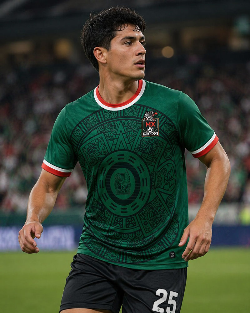 Mexico custom soccer jersey on player with green Aztec design.