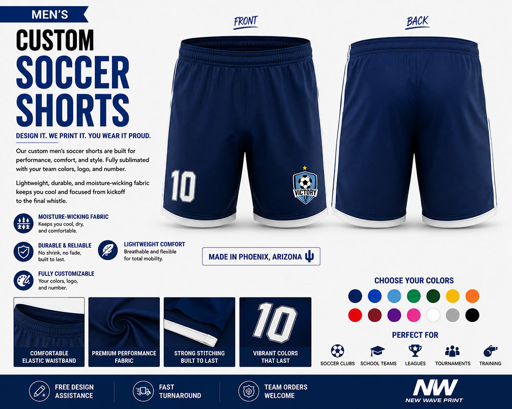 Custom boys' and men's sublimated soccer shorts with logo and player number
