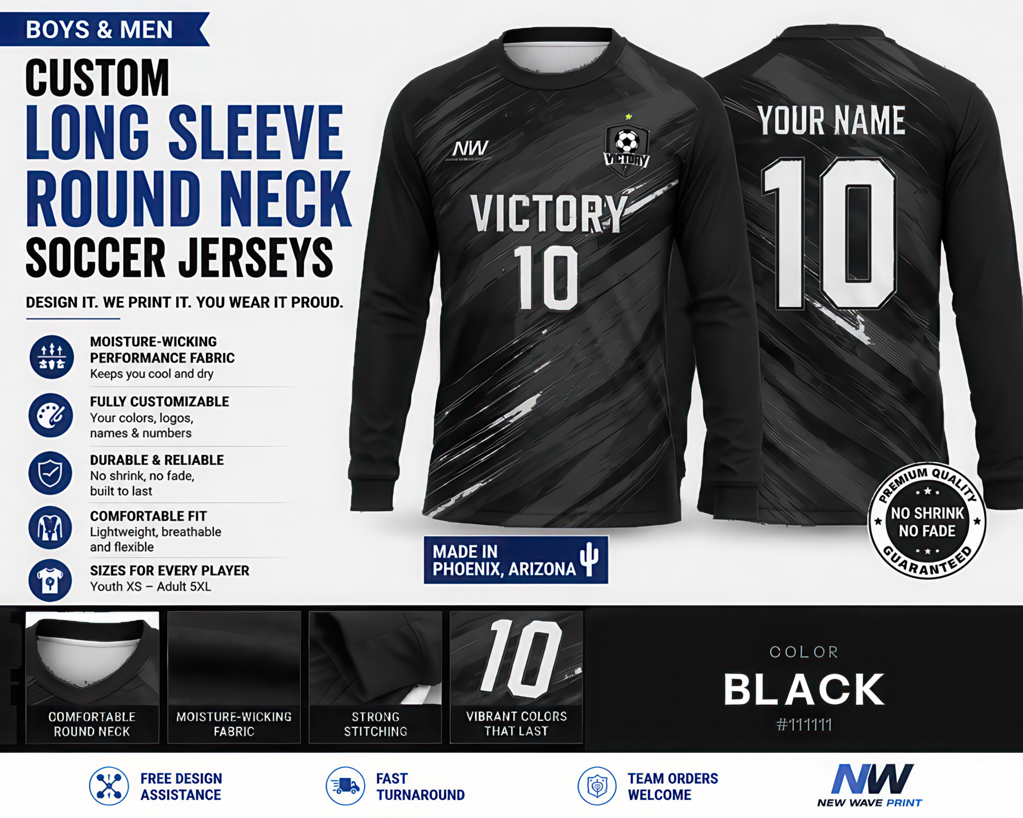 Black custom long sleeve round neck soccer jersey, front and back