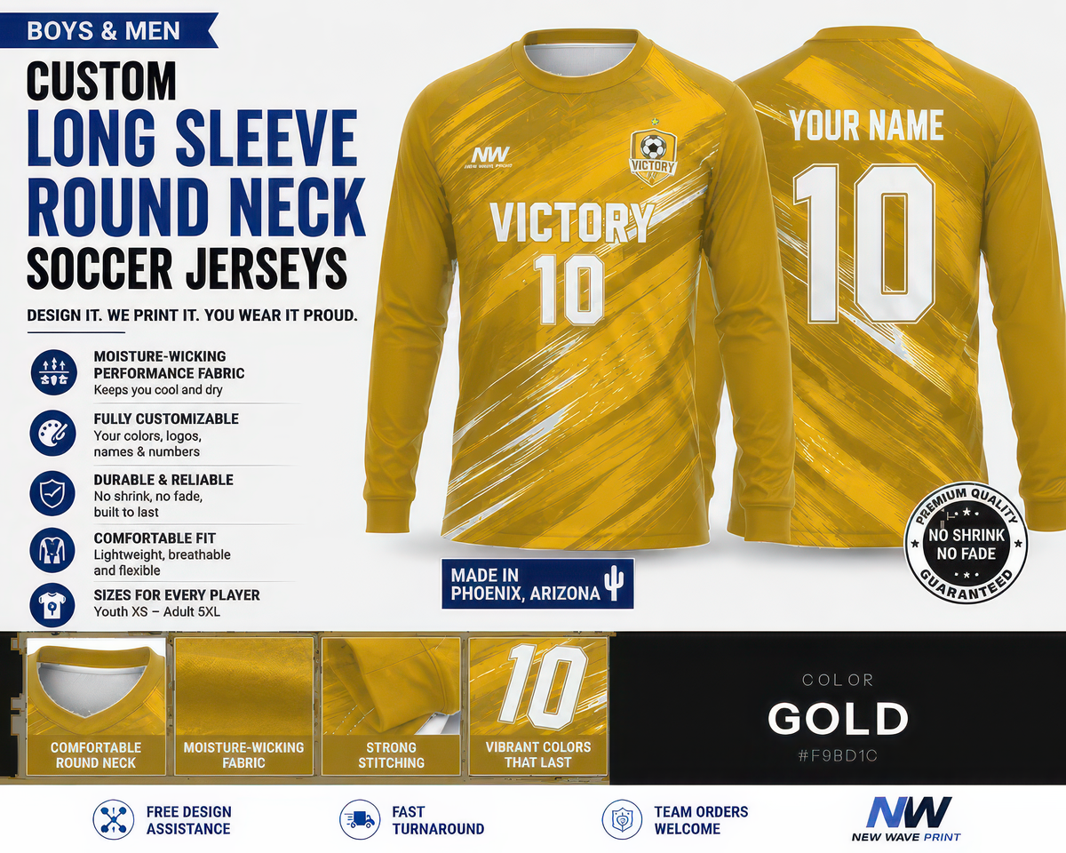Gold custom long sleeve round neck soccer jersey, front and back