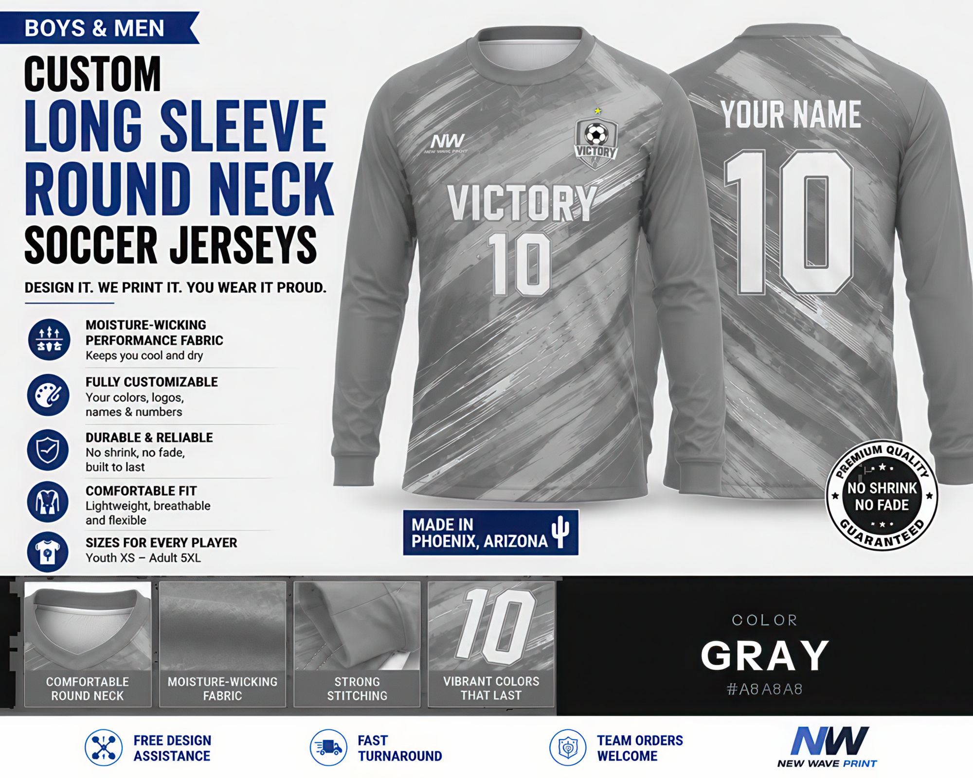 Gray custom long sleeve round neck soccer jersey, front and back