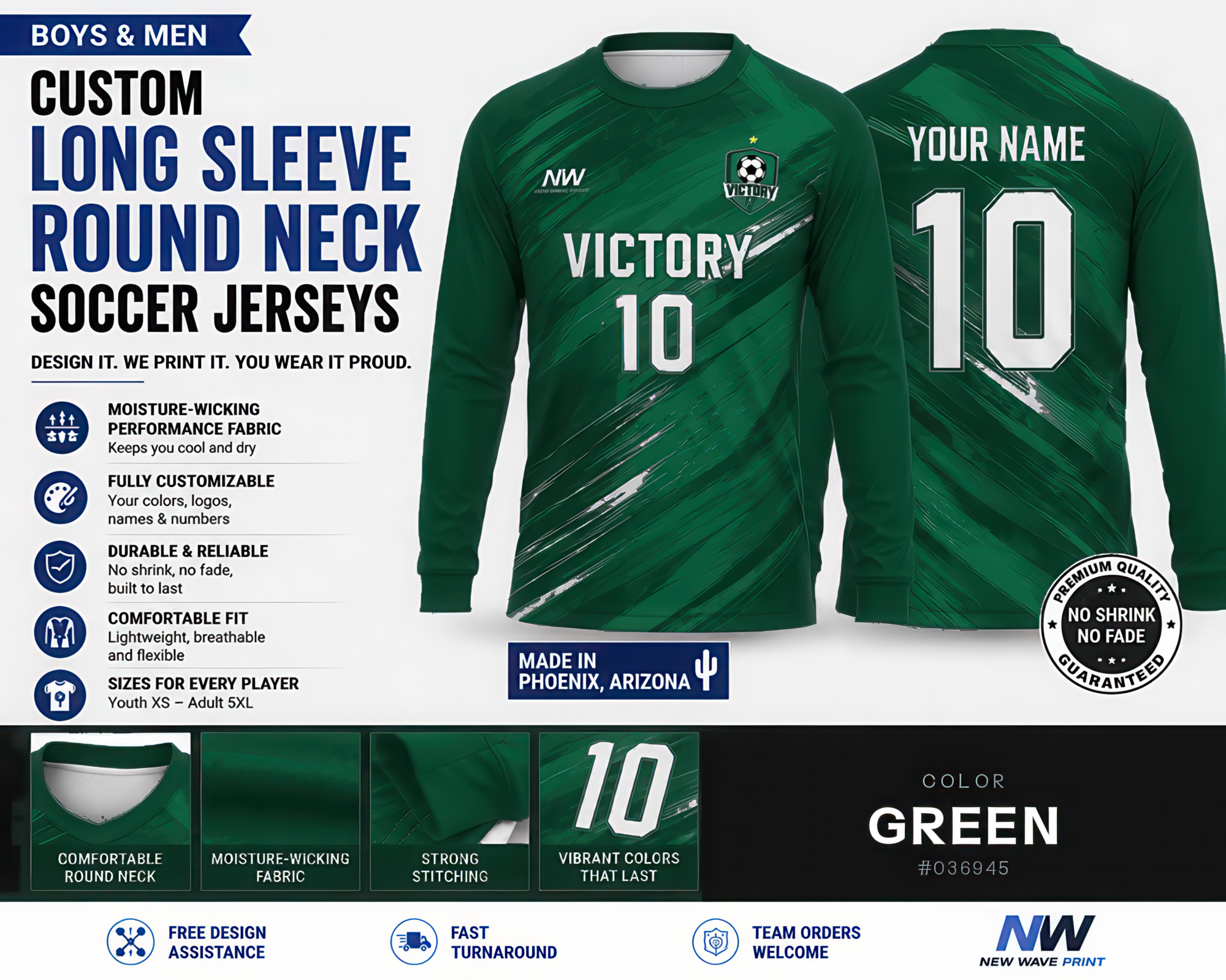 Green custom long sleeve round neck soccer jersey, front and back