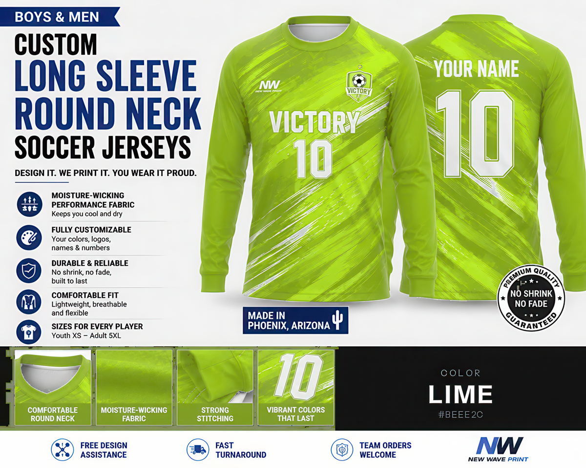 Lime custom long sleeve round neck soccer jersey, front and back