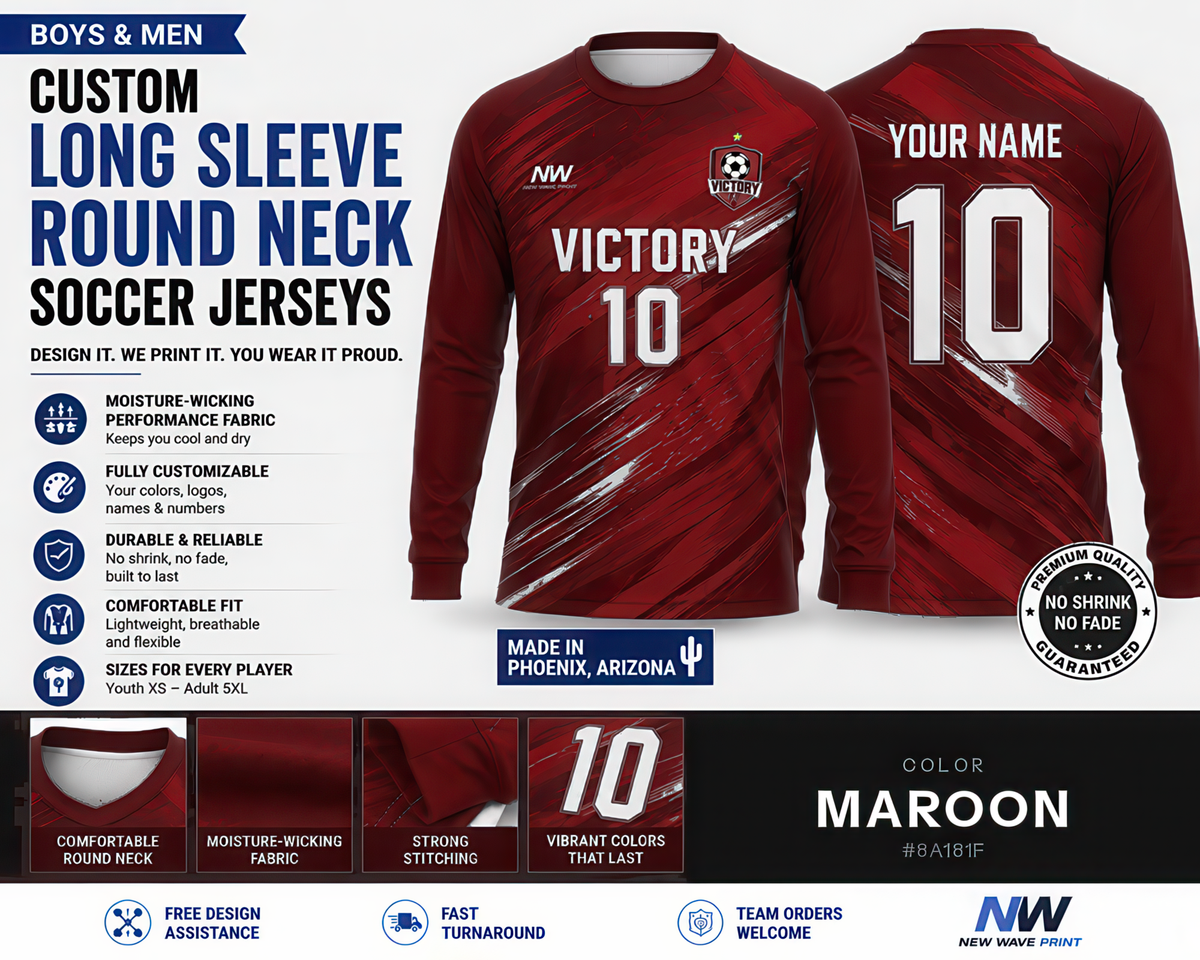 Maroon custom long sleeve round neck soccer jersey, front and back