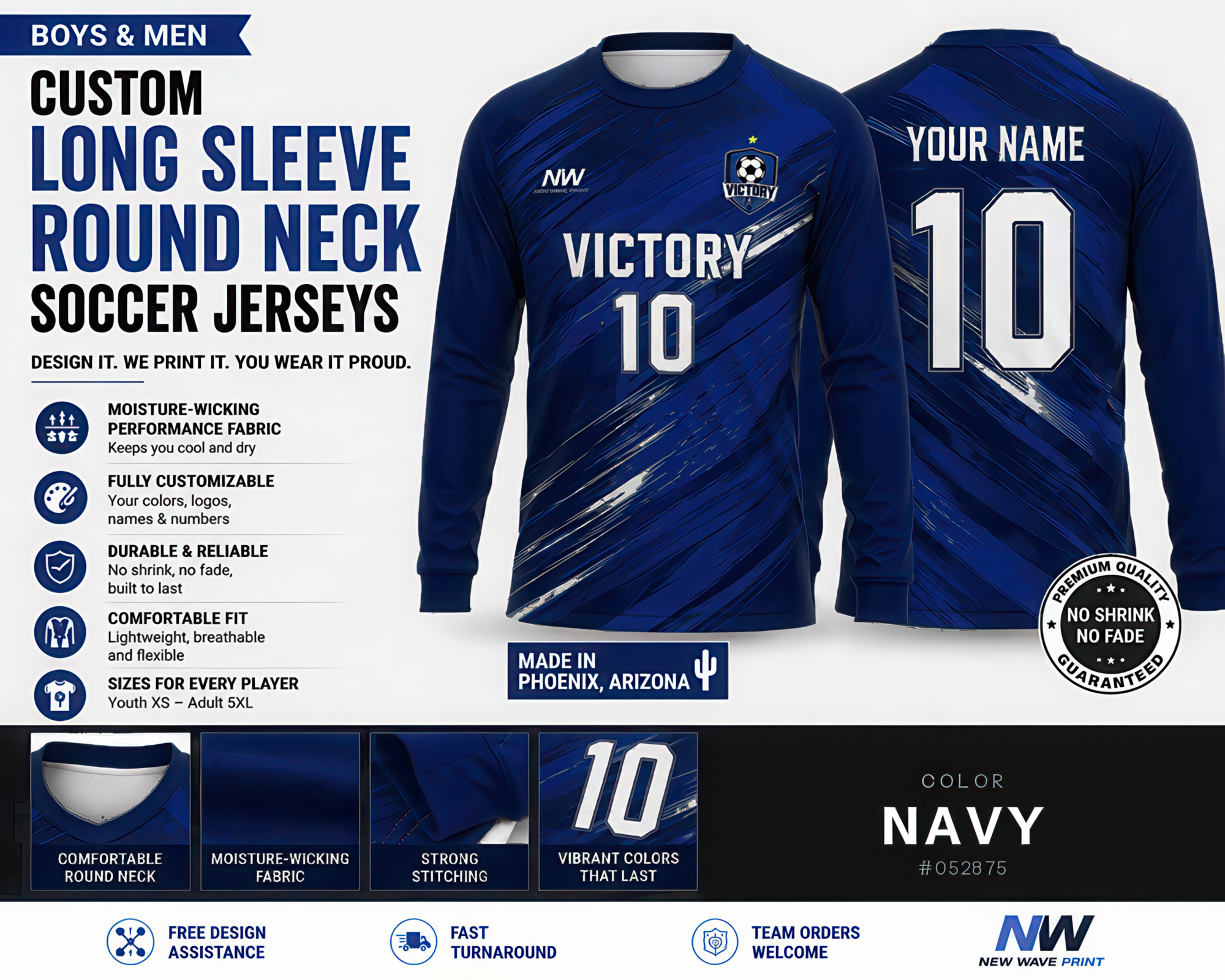 Navy custom long sleeve round neck soccer jersey, front and back