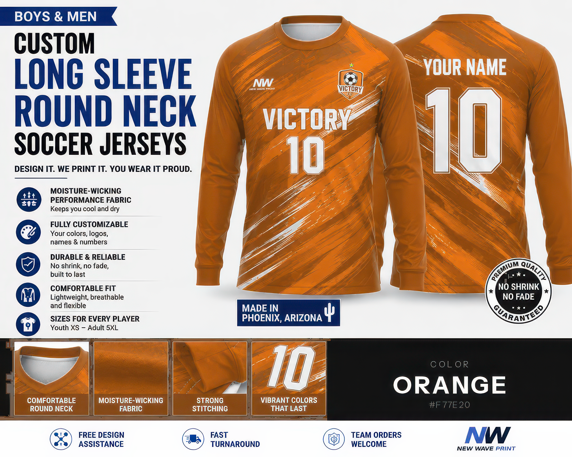 Orange custom long sleeve round neck soccer jersey, front and back