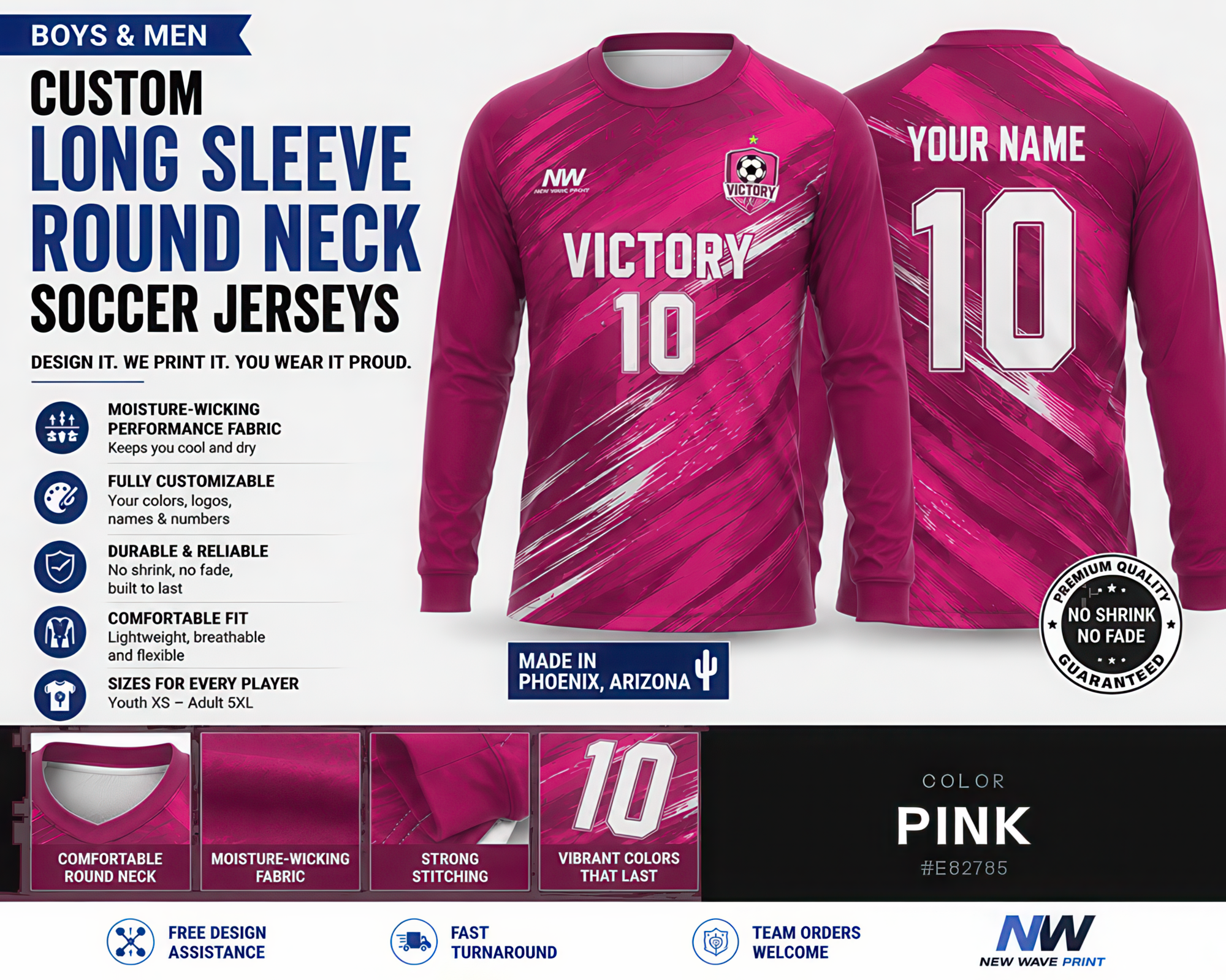 Pink custom long sleeve round neck soccer jersey, front and back