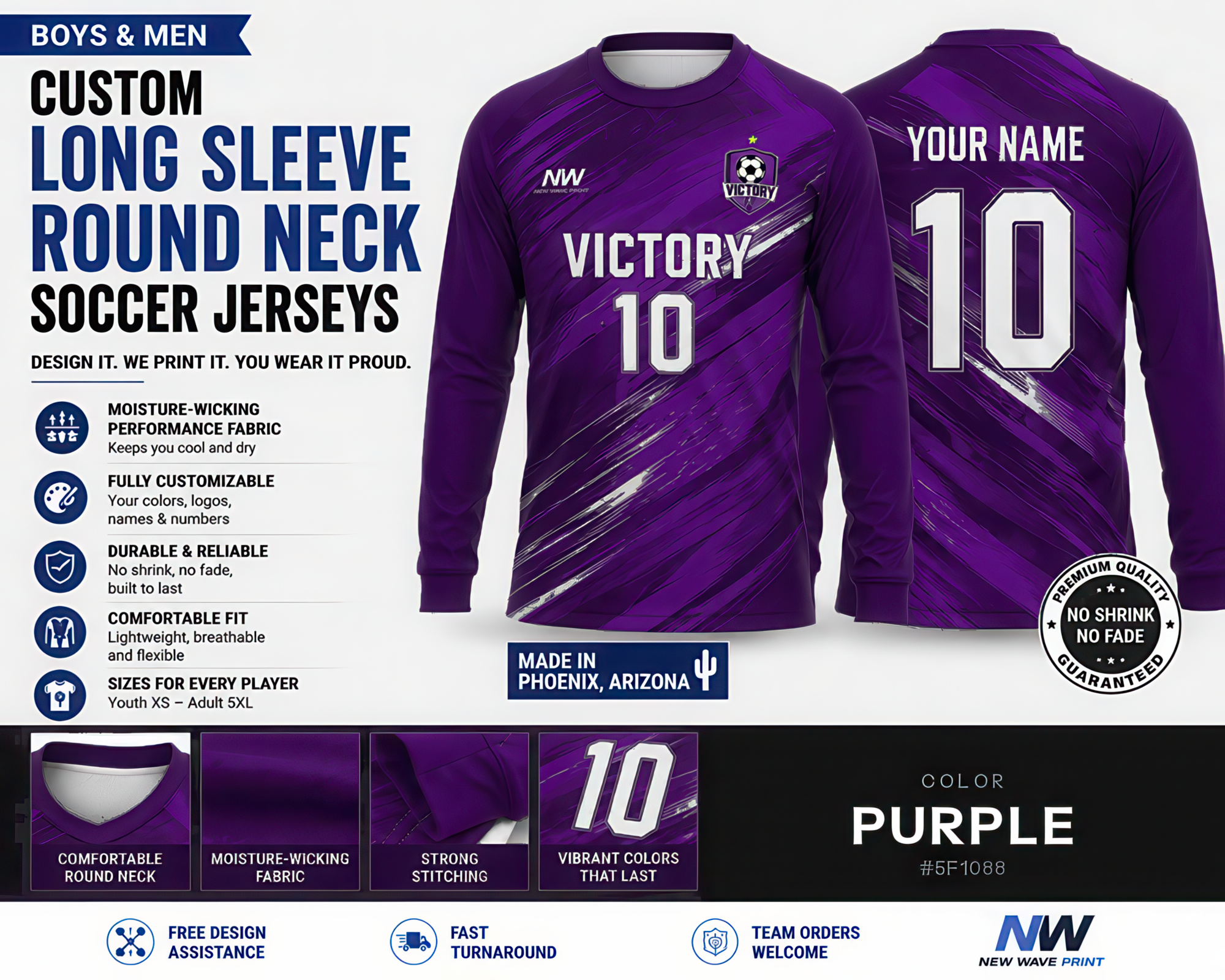 Purple custom long sleeve round neck soccer jersey, front and back