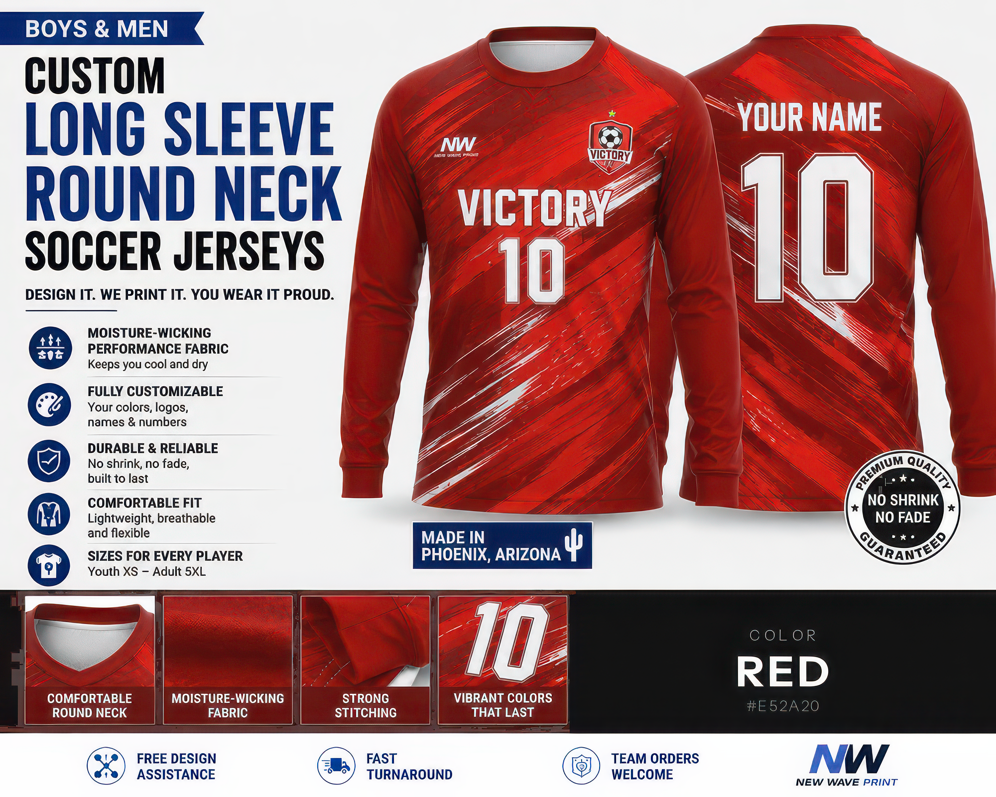 Red custom long sleeve round neck soccer jersey, front and back