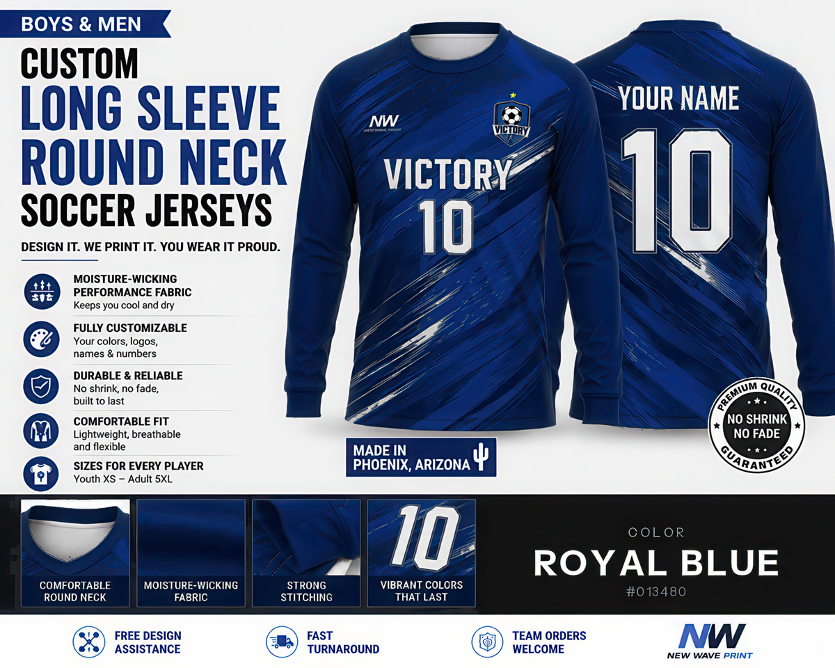 Royal blue custom long sleeve round neck soccer jersey, front and back