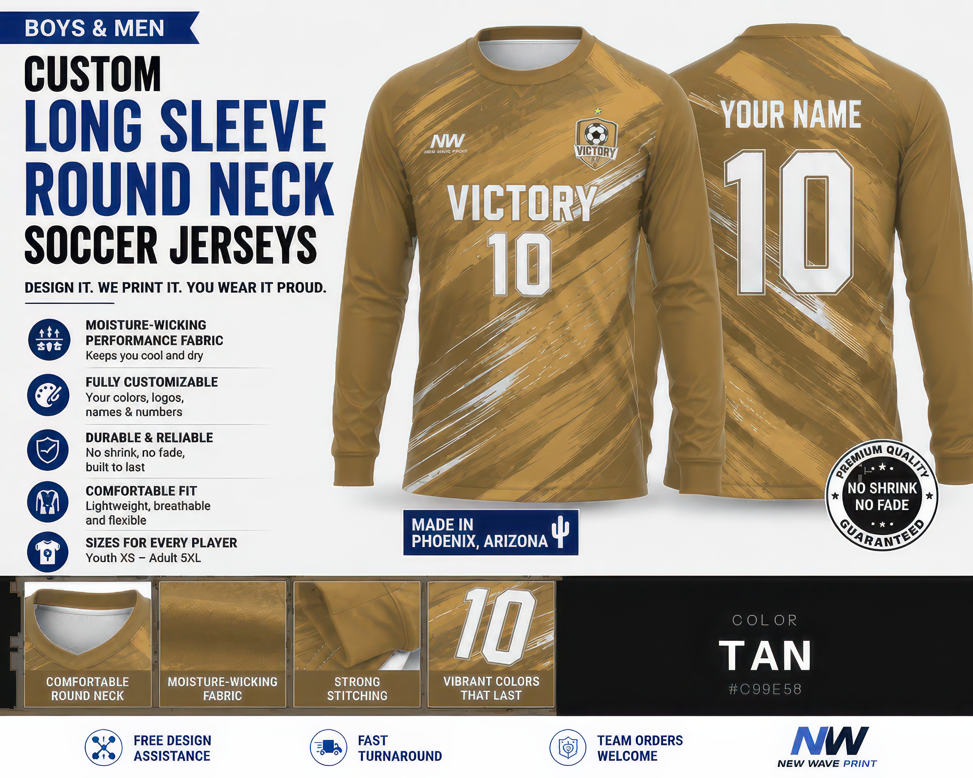 Tan custom long sleeve round neck soccer jersey, front and back