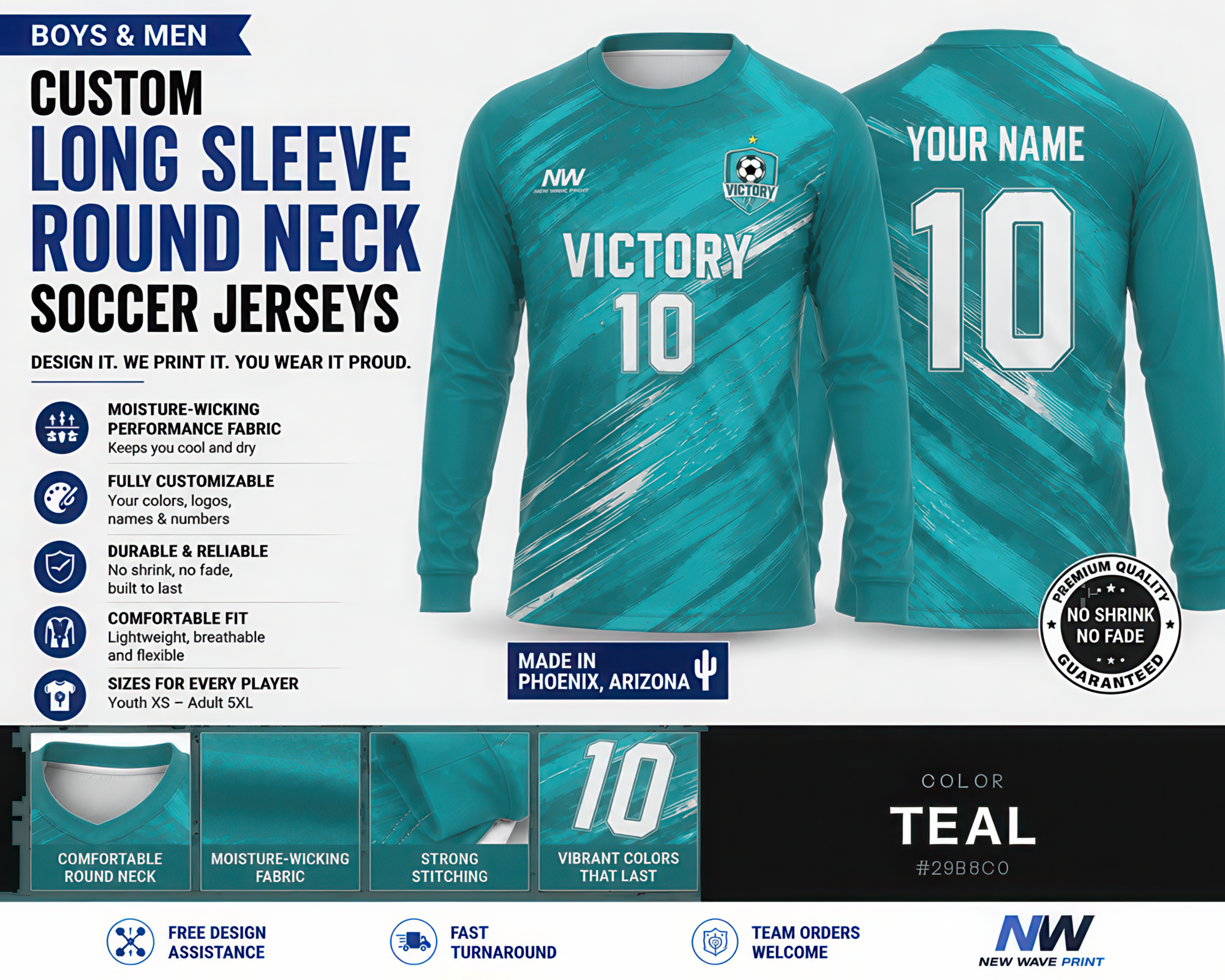 Teal custom long sleeve round neck soccer jersey, front and back