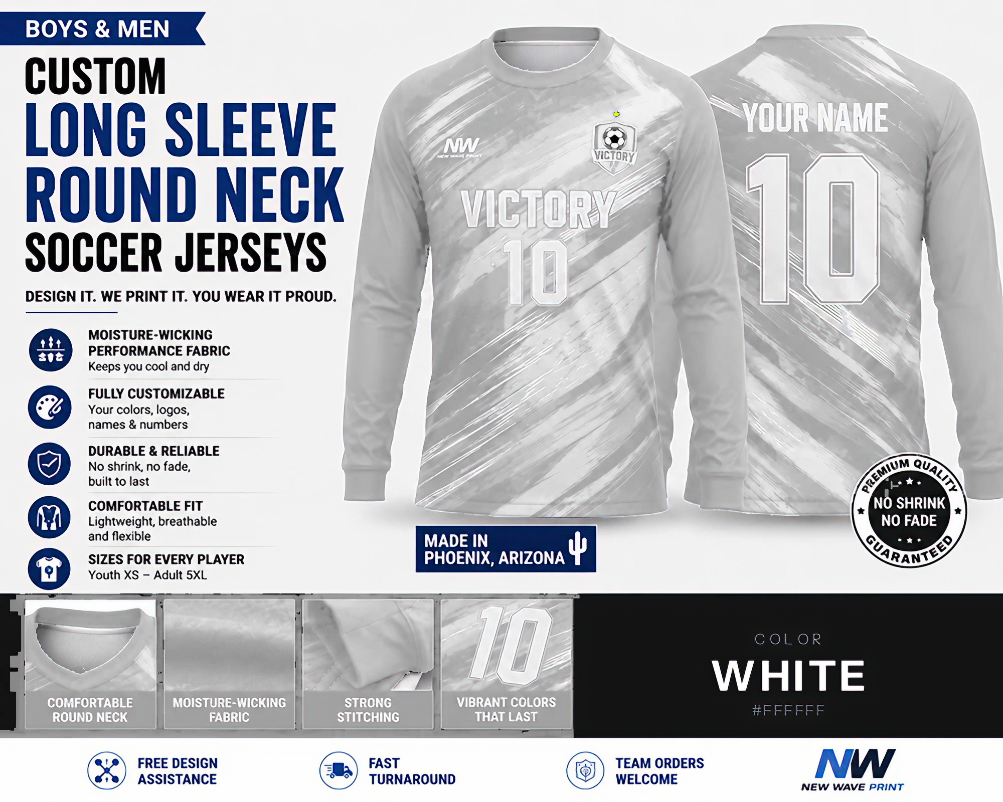 White custom long sleeve round neck soccer jersey, front and back