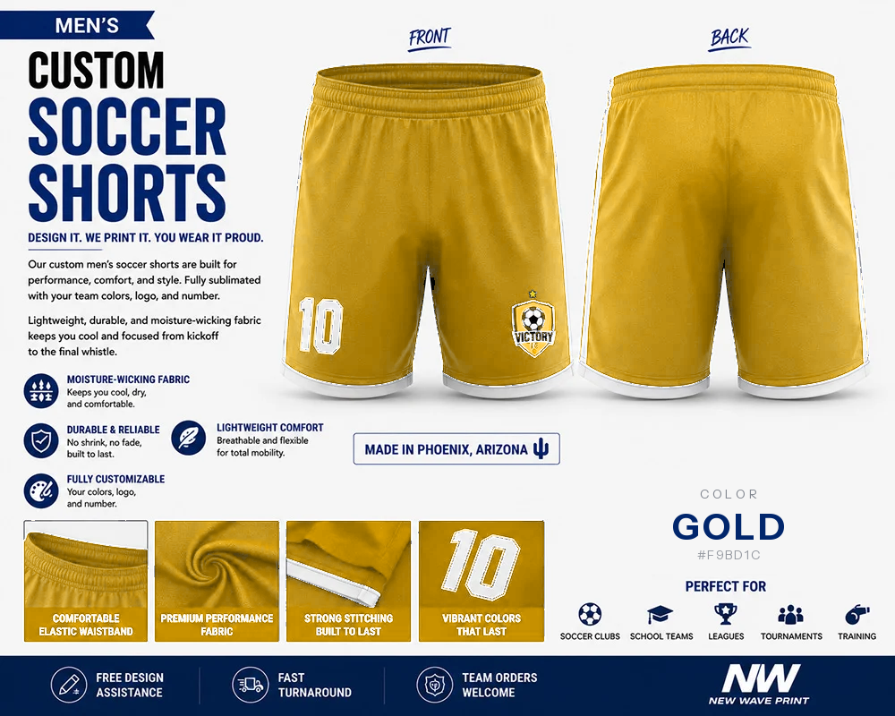 Gold custom soccer shorts for boys and men with logo and number