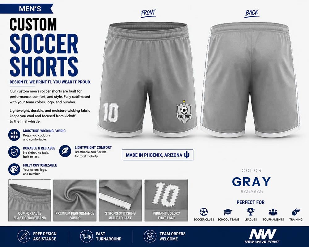 Gray custom soccer shorts for boys and men with logo and number