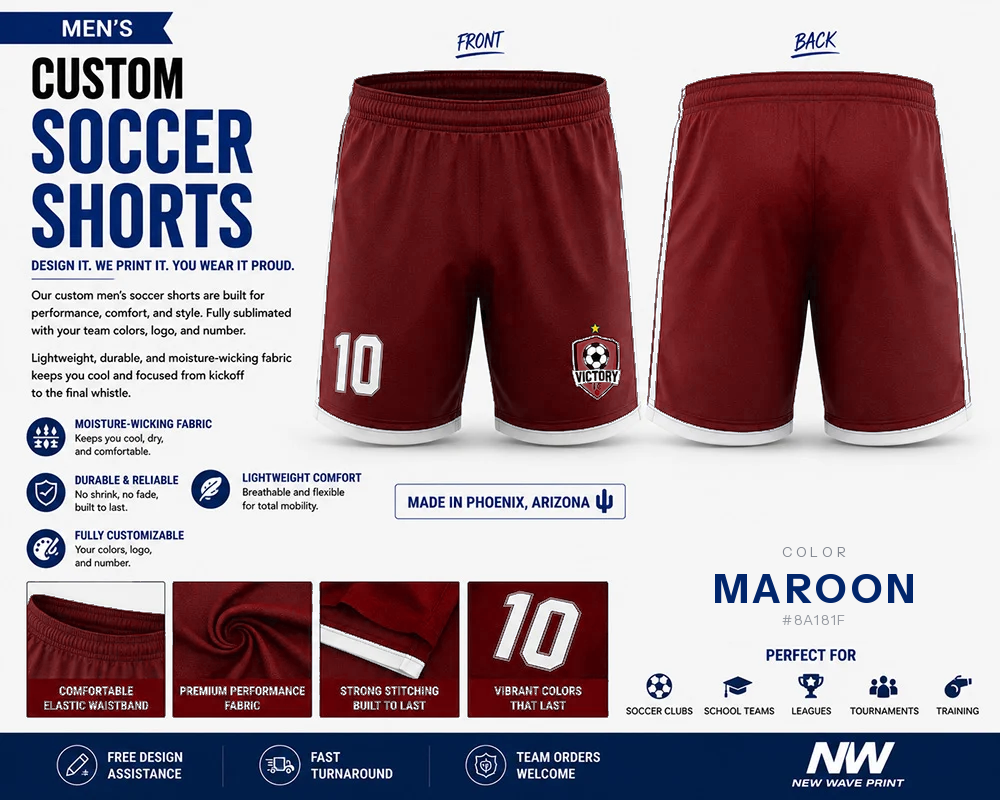 Maroon custom soccer shorts for boys and men with logo and number
