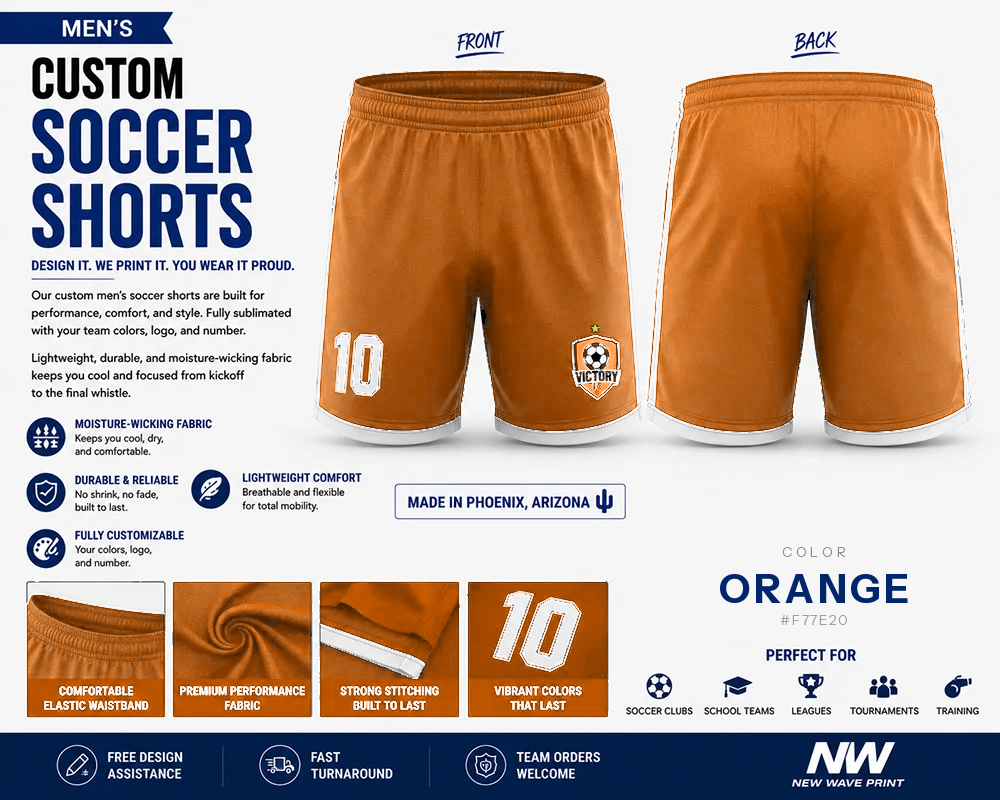 Orange custom soccer shorts for boys and men with logo and number