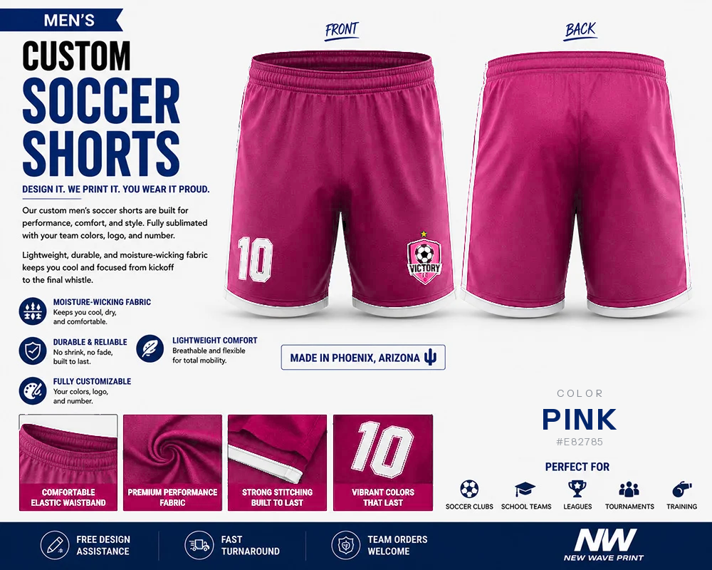 Pink custom soccer shorts for boys and men with logo and number