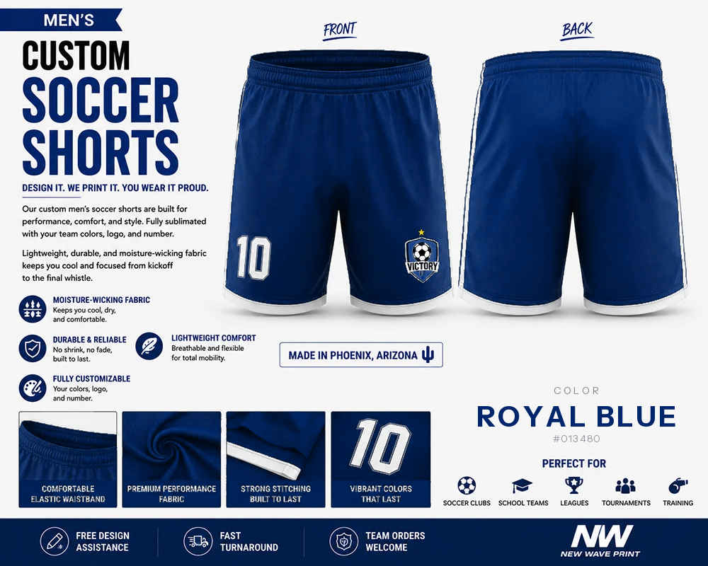 Royal blue custom soccer shorts for boys and men with logo and number