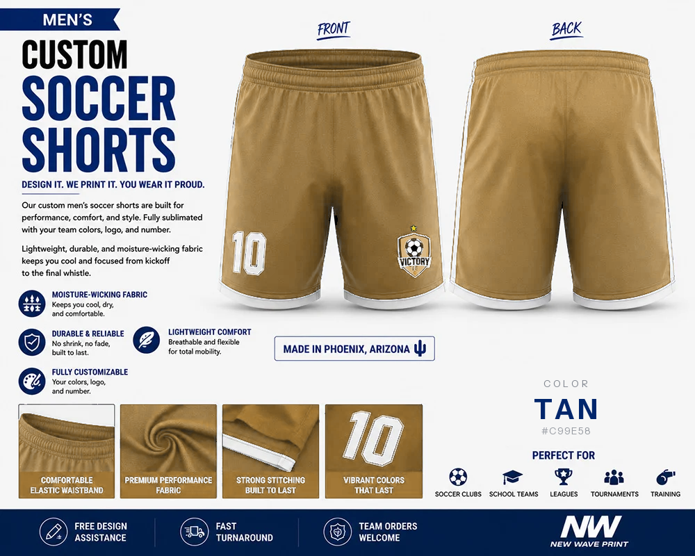 Tan custom soccer shorts for boys and men with logo and number