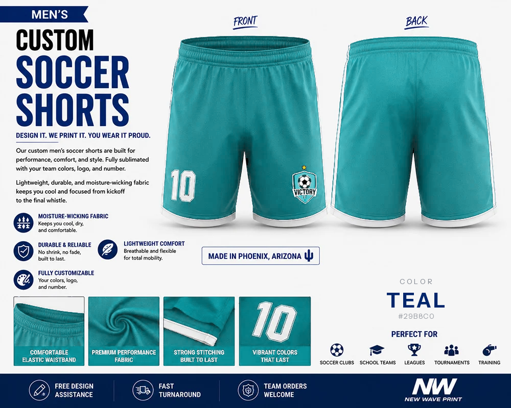 Teal custom soccer shorts for boys and men with logo and number
