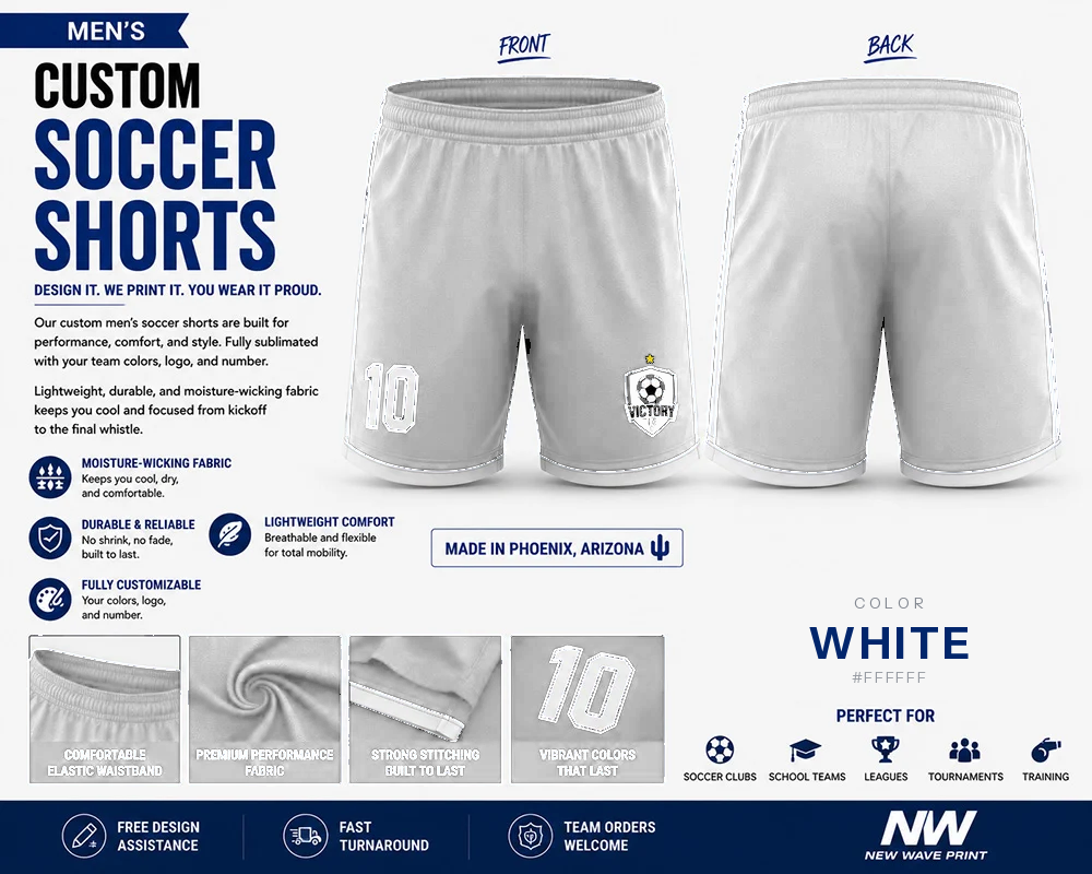 White custom soccer shorts for boys and men with logo and number